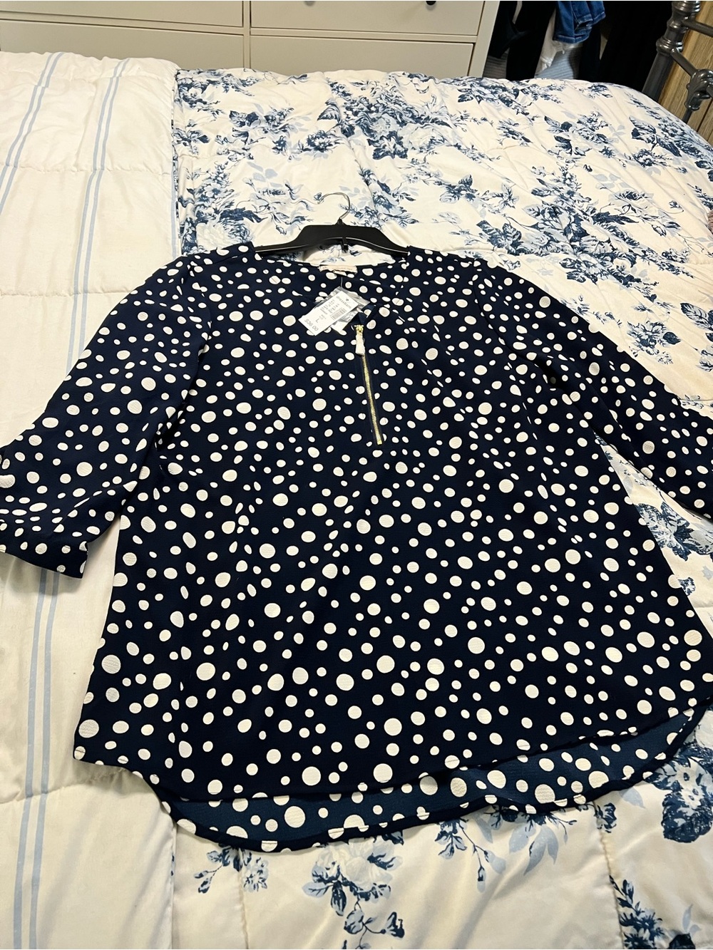 dressbarn Navy and White Polka Dot Blouse with Zip Detail